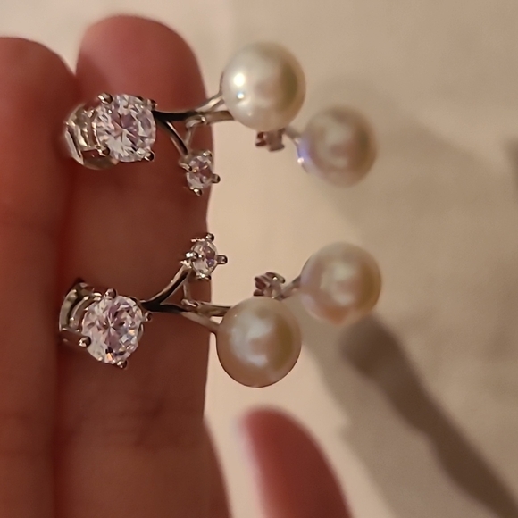 Bridal natural fresh water pearl cubic zirconia sterling silver earrings - Picture 2 of 5